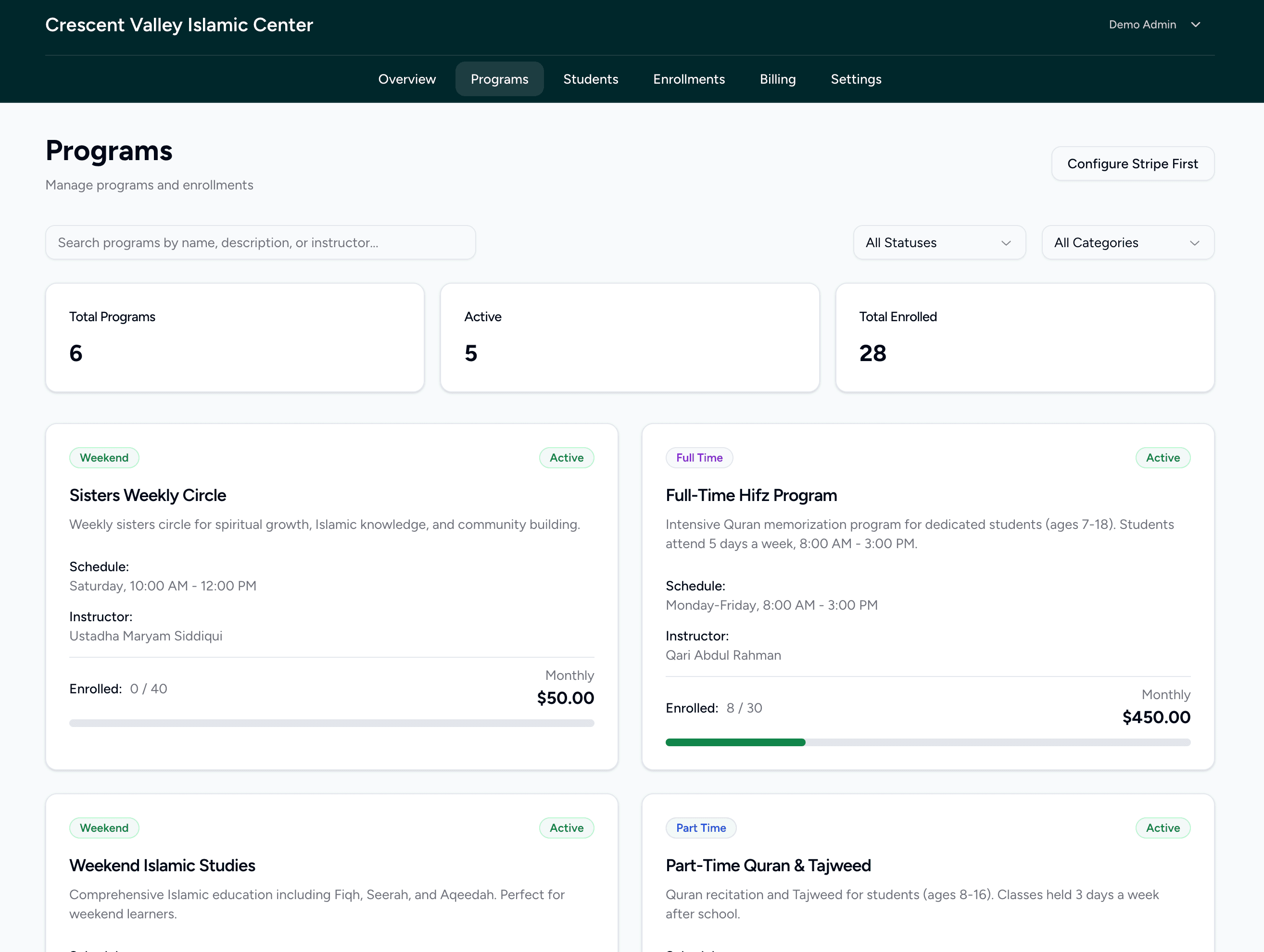 imarah program dashboard showing enrollment and tuition management